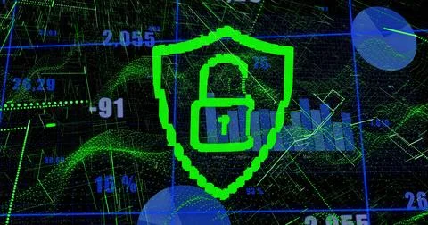 Image of data processing and padlock icon over dark background Stock Photos