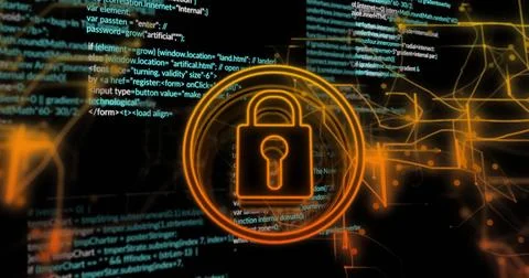 Image of data processing and padlock icon over dark background 스톡 사진