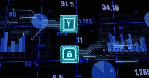 Image of data processing and padlock and key icons over dark background Foto stock