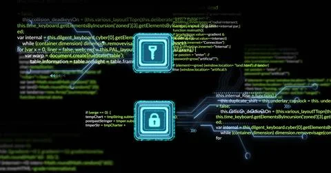 Image of data processing and padlock and key icons over dark background 写真素材