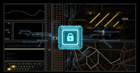 Image of data processing and padlock icon over dark background Stock Photos