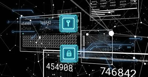 Image of data processing and padlock and key icons over dark background 写真素材