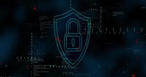 Image of data processing and padlock icon over dark background Foto stock