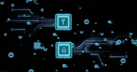 Image of data processing and padlock and key icon with circuit board over dark Stock Photos