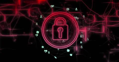 Image of data processing and padlock icon over dark background Stock Photos