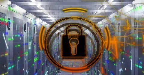 Image of data processing and padlock icon over computer servers Stockfoto's
