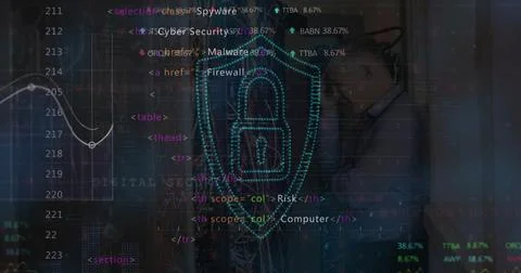 Image of data processing and padlock over caucasian male it engineer by computer Stock Photos