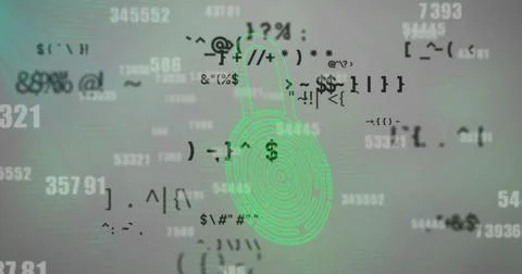 Image of data processing and padlock on gray background Foto stock