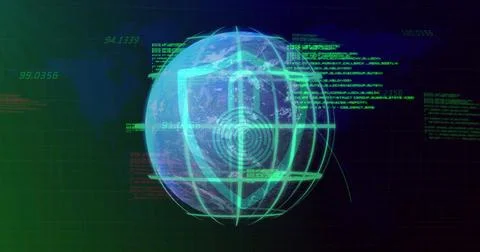 Image of data processing and padlock over globe and world map Stock Photos