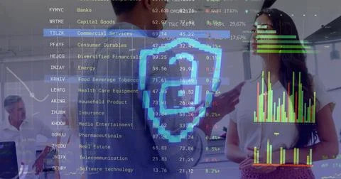 Image of data processing and padlock over diverse colleagues talking in office Stock Photos