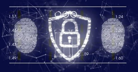 Image of data processing and padlock over shapes and fingerprints Stockfoto's