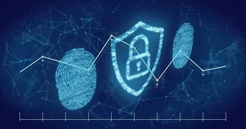Image of data processing and padlock over shapes and fingerprints Stock Photos