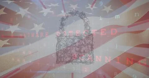 Image of data processing and padlock over flag of usa Stock Photos