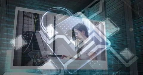 Image of data processing and padlock over server room 스톡 사진