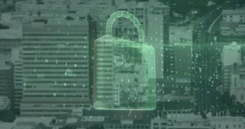 Image of data processing and padlock over cityscape 写真素材