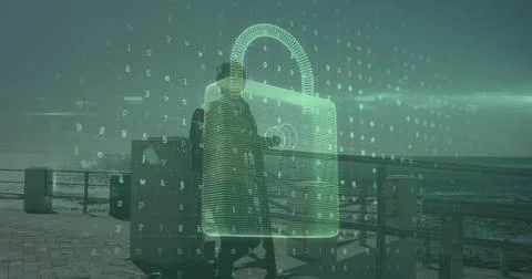 Image of data processing and padlock over african american woman with scooter Foto stock