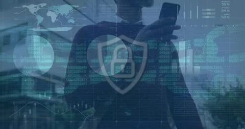 Image of data processing and padlock icon over african american businessman 写真素材