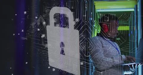 Image of data processing and padlock over african american male worker in server 写真素材