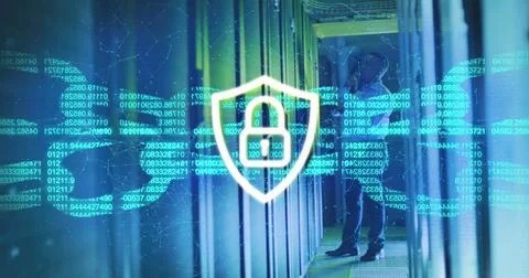 Image of data processing and padlock over african american male worker in server Stock Photos