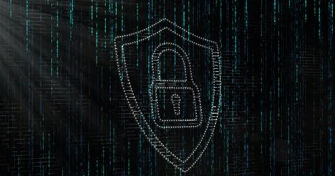 Image of data processing and padlock over black background 스톡 사진