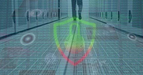 Image of data processing and padlock icon over caucasian businessman in server 스톡 사진