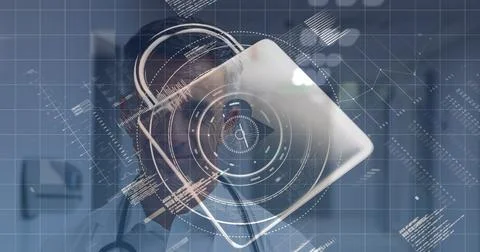 Image of data processing and padlock icon over caucasian male doctor Stock Photos