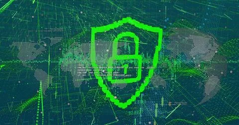 Image of data processing and padlock over dark background 写真素材