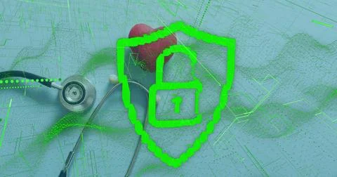 Image of data processing and padlock over heart and stethoscope Stock Photos