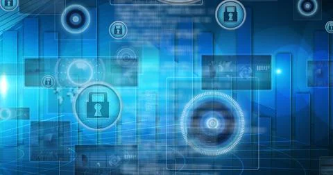 Image of data processing and padlocks on blue background Illustrazione stock