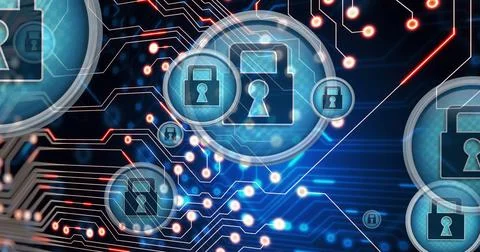 Image of data processing and padlocks over black background 스톡 사진