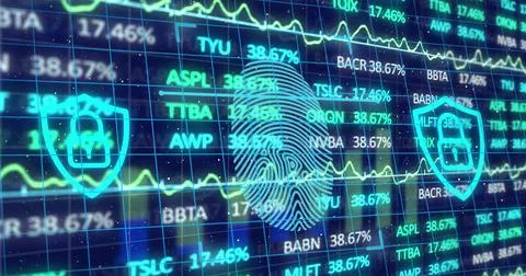 Image of data processing and padlocks with fingerprint over blue background 스톡 사진