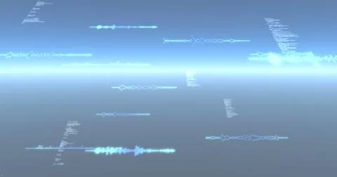 Image of data processing and particles recording on glowing blue background Illustrazione stock