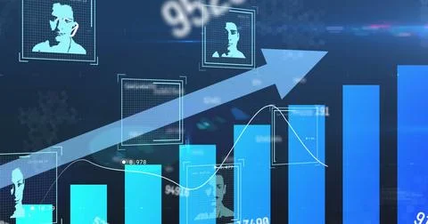 Image of data processing and people icons over blue background Stock Photos