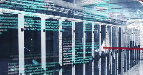 Image of data processing and plexus networks against computer server room Stock Illustration