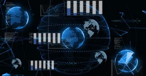 Image of data processing and plexus networks over spinning globes against black Stock Photos