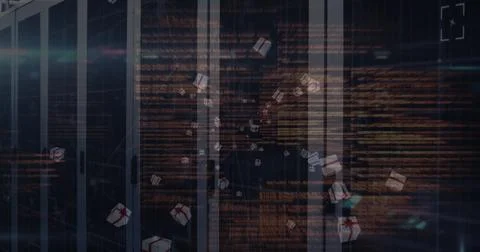 Image of data processing and present icons over server room Stock Photos