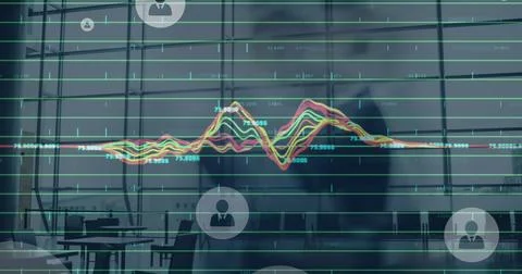 Image of data processing and profile icons floating over time-lapse of people 스톡 사진