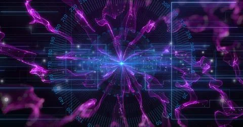 Image of data processing and purple shapes on black background イラスト素材