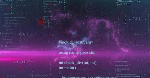 Image of data processing and purple shapes on black background イラスト素材