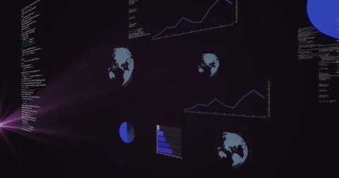 Image of data processing and purple light spot against black background Foto stock