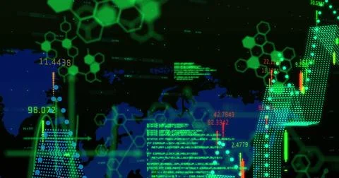 Image of data processing and qr code over world map on black background Stock Illustration