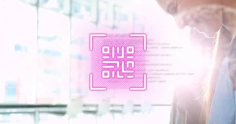 Image of data processing and qr code over caucasian woman using smartphone Stock Illustration
