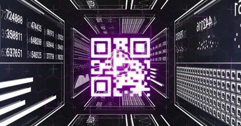 Image of data processing and qr code over black background 写真素材