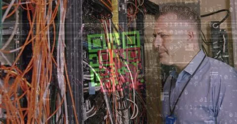 Image of data processing and qr code over caucasian man checking servers 库存照片