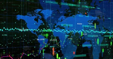 Image of data processing and qr code over world map on black background Foto stock