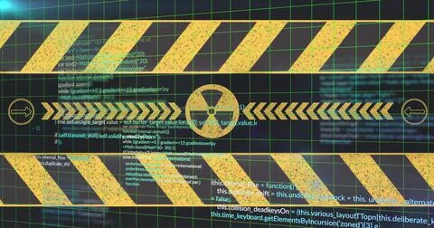 Image of data processing and radioactive symbol over black background Illustrazione stock