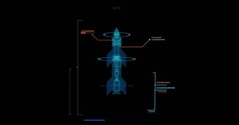 Image of data processing and rocket blueprint on black background Stock Photos