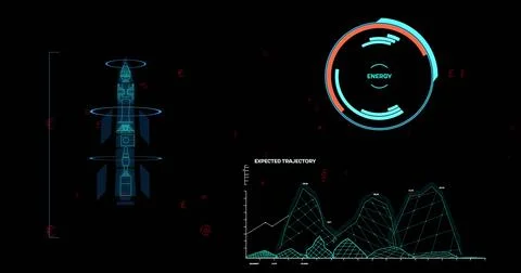Image of data processing and rocket blueprint over black background Stock Photos