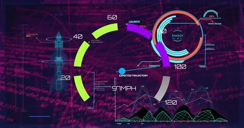 Image of data processing and rocket schema over black background Foto stock