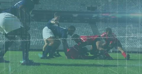 Image of data processing and rugby players over sports stadium Foto stock